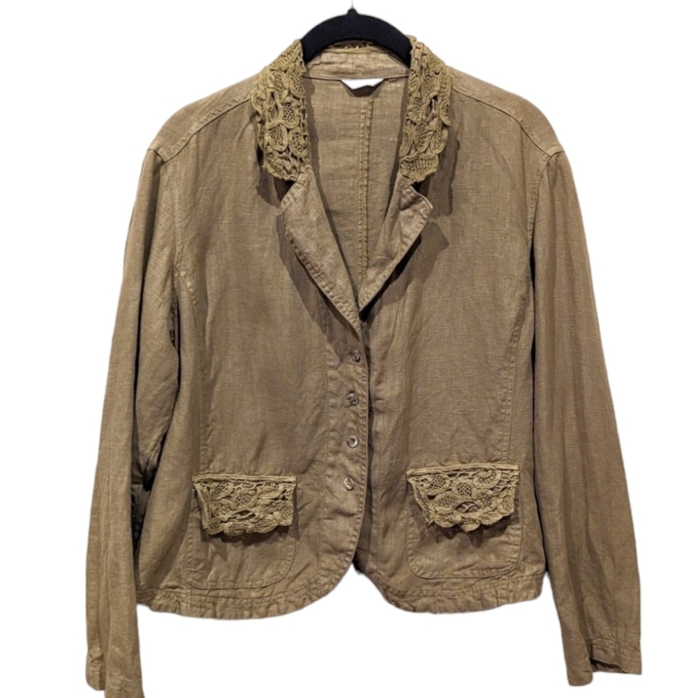 Kleen Khaki Lightweight Linen Blazer with Lace Accents (M)